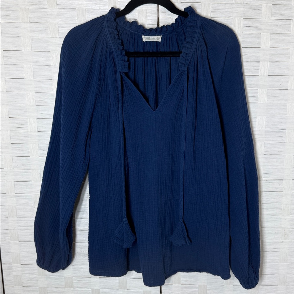 Just Living Navy Peasant Romantic Mock Ruffle Collar Long Sleeve Size Medium - Picture 2 of 9